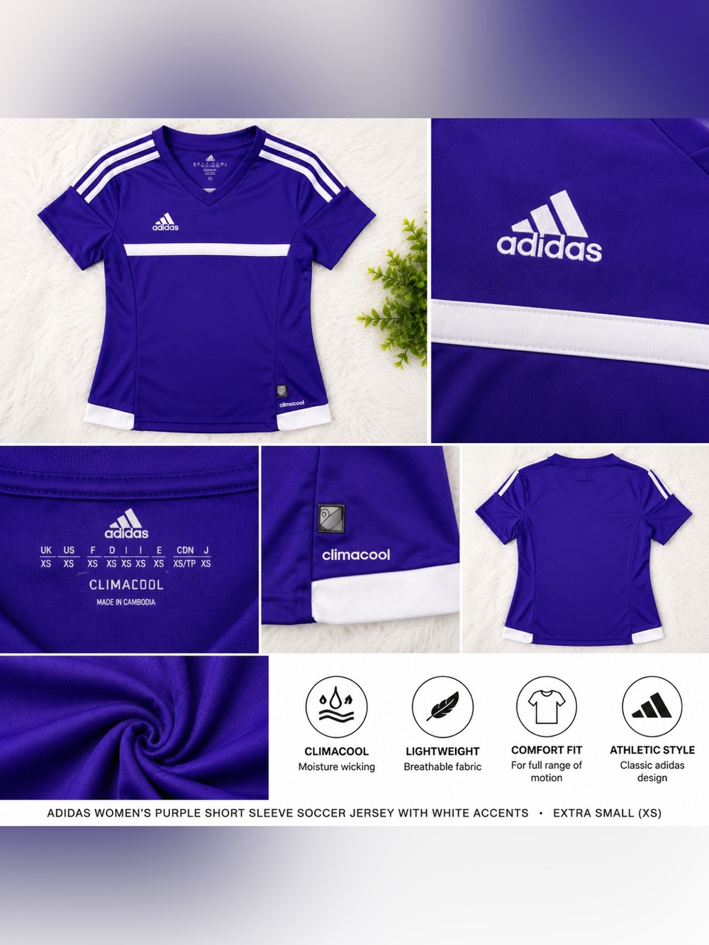 adidas Women’s Purple Short-Sleeve Soccer Jersey with White Accents